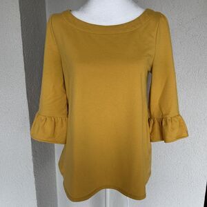 ModCloth Yellow Blouse With 3/4 Flare Sleeve And Bows On Asymmetrical Back - Med